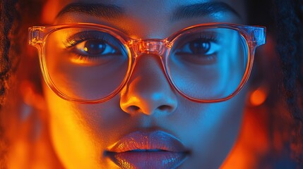 Poster - AI cyber security threat, female African American IT specialist analyzing futuristic holographic data information. blue & orange color, segmented reality artificial intelligence concept banner 