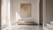 © highspirit - Elegant minimalist entryway featuring a single abstract artwork in warm tones, a modern bench with neutral cushions, and a polished marble floor