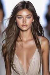 a stunning model with long, flowing hair and striking blue eyes captivates the audience. this fashio