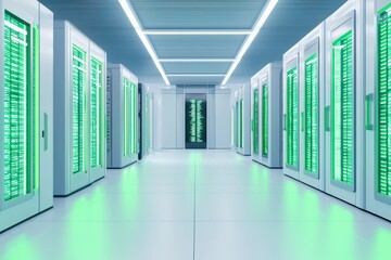 Poster - A modern data center with rows of servers and glowing green lights, showcasing advanced technology in a clean, organized environment.