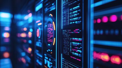 Poster - Close-up view of a data center server rack illuminated with colorful LED lights, showcasing intricate digital interfaces and server technology.