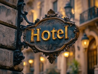 Text hotel: a place of comfort and luxury, temporary lodging with amenities room service, spa, and concierge, catering to travelers seeking relaxation, business accommodations, or vacation bliss.