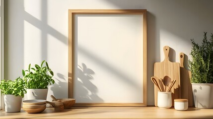 Wall Mural - A bright and airy interior with a wooden shelf displaying kitchen utensils and potted herbs, enhanced by soft natural light casting shadows on the wall in a minimalist Scandinavian style.