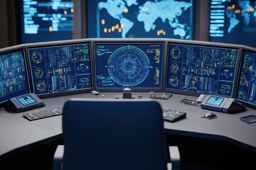 Poster - High-tech control room with multiple screens displaying data analytics and visualizations. A modern workspace designed for monitoring and management tasks.