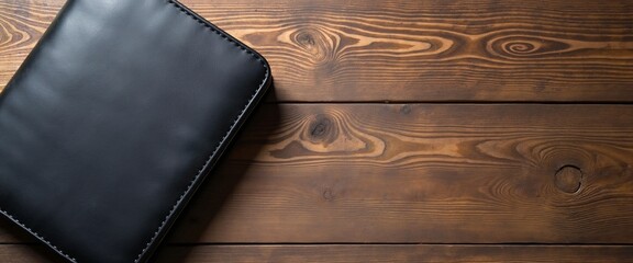 Black leather wallet on rustic wooden table with copy space