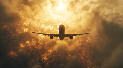 Angle of elevation of airplane in a background of cloud and dust.