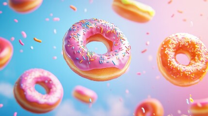 Poster - Colorful flying doughnuts against a vibrant blue and pink backdrop