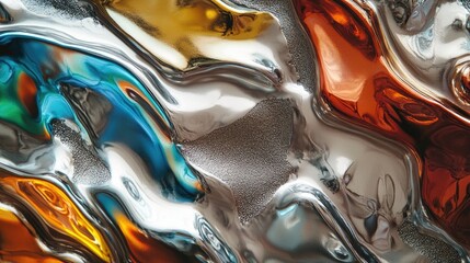 Poster - Colored reflective silver foil with an abstract metallic relief Features an organic design with a rough wavy surface and curved round shapes