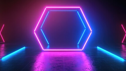 Aufkleber - 3D render of a hexagonal frame in blue and pink neon creating an empty space illuminated by ultraviolet light evoking an abstract 80 s retro style for a fashion show stage backdrop