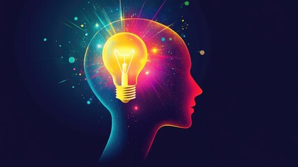 Poster - Colorful head silhouette featuring a luminous light bulb within symbolizing ideas intelligence and innovation with ample space for text Created using various tools