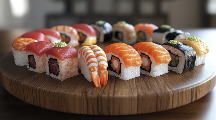 Poster - 3D model showcasing an assortment of delicious sushi on a wooden plate Includes various types like tuna crab salmon eel and rolls