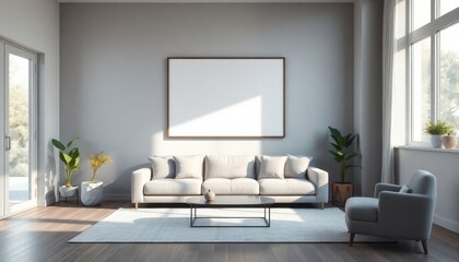 Cozy living room scene featuring a comfortable sofa, a chic coffee table, and lush greenery, creating a serene and inviting atmosphere.