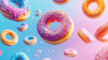Poster - Colorful flying doughnuts against a vibrant blue and pink backdrop