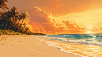 Poster - Scenic panoramic beach view with a tropical seascape featuring an orange and golden sunset sky evoking calmness and a relaxing summer mood