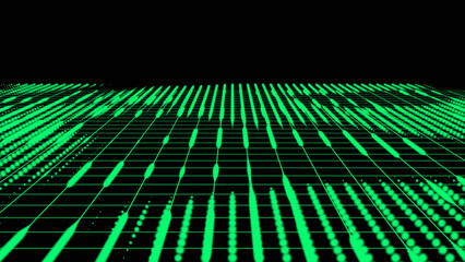 Aufkleber - Abstract grid background with points. Abstract technology perspective grid. Detailed wireframe landscape with green lines on black background. 3d rendering.