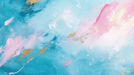 Aufkleber - Hand painted turquoise backdrop featuring pink brush strokes and random golden accents and splashes Ideal for your creative designs