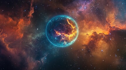 Poster - Electric Cosmic Sphere within a Colorful Nebula Cloud Formation