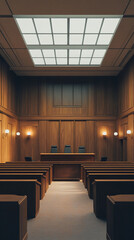 Poster - Modern Courtroom Design with Elegant Wooden Panels and Soft Lighting