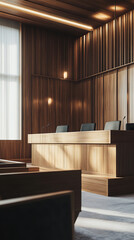 Wall Mural - Modern Courtroom Design with Elegant Wooden Panels and Soft Lighting