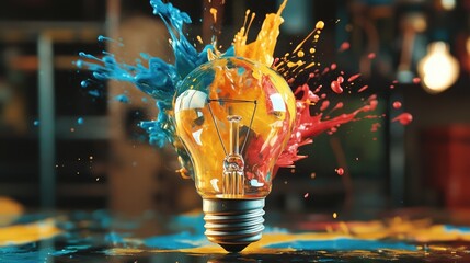 Poster - Creative explosion of vibrant paint from a light bulb symbolizing new ideas and brainstorming concepts