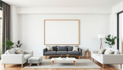 Serene modern living room with minimalist design, featuring sleek furniture and neutral tones for a calming atmosphere.