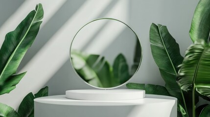 Aufkleber - 3D render of a blank white round display stand featuring a clear mirror effect glass shower screen and tropical green banana leaves Emphasizing natural beauty