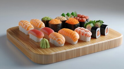 Poster - 3D model showcasing an assortment of delicious sushi on a wooden plate Includes various types like tuna crab salmon eel and rolls
