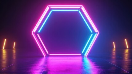 Aufkleber - 3D render of a hexagonal frame in blue and pink neon creating an empty space illuminated by ultraviolet light evoking an abstract 80 s retro style for a fashion show stage backdrop