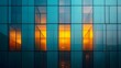 © horizon - A modern office building featuring a sleek glass facade with geometric architecture, showcasing a teal and amber color scheme illuminated by evening lighting and clean lines.