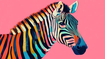 Wall Mural - Colorful zebra against a pink backdrop featuring a Memphis style with a contemporary design