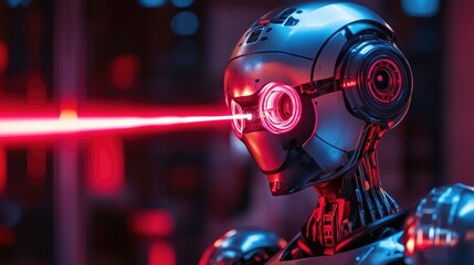 Robot wearing a metallic helmet equipped with a laser beam weapon