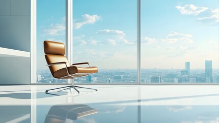 Wall Mural - A modern office interior with floor-to-ceiling windows showcasing a bright cityscape view, complemented by a single elegant chair and a reflective floor in a contemporary workspace.