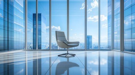 Wall Mural - A modern office interior with floor-to-ceiling windows showcasing a bright cityscape view, complemented by a single elegant chair and a reflective floor in a contemporary workspace.