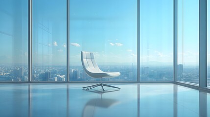 Wall Mural - A modern office interior with floor-to-ceiling windows showcasing a bright cityscape view, complemented by a single elegant chair and a reflective floor in a contemporary workspace.