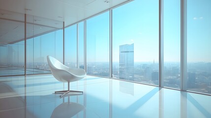 Wall Mural - A modern office interior with floor-to-ceiling windows showcasing a bright cityscape view, complemented by a single elegant chair and a reflective floor in a contemporary workspace.