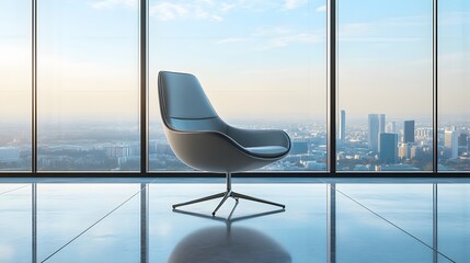 Wall Mural - A modern office interior with floor-to-ceiling windows showcasing a bright cityscape view, complemented by a single elegant chair and a reflective floor in a contemporary workspace.