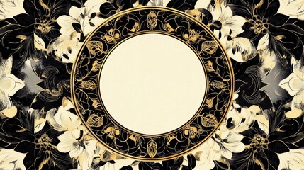 Poster - Vintage floral ornamental design featuring a circular frame Retro ornate border against a white background Elegant oriental mandala motif in gold and black tones