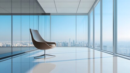 Wall Mural - A modern office interior with floor-to-ceiling windows showcasing a bright cityscape view, complemented by a single elegant chair and a reflective floor in a contemporary workspace.