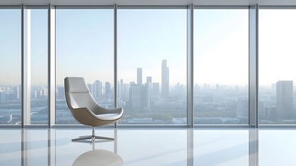 Wall Mural - A modern office interior with floor-to-ceiling windows showcasing a bright cityscape view, complemented by a single elegant chair and a reflective floor in a contemporary workspace.