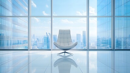 Wall Mural - A modern office interior with floor-to-ceiling windows showcasing a bright cityscape view, complemented by a single elegant chair and a reflective floor in a contemporary workspace.