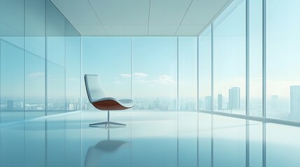 Wall Mural - A modern office interior with floor-to-ceiling windows showcasing a bright cityscape view, complemented by a single elegant chair and a reflective floor in a contemporary workspace.