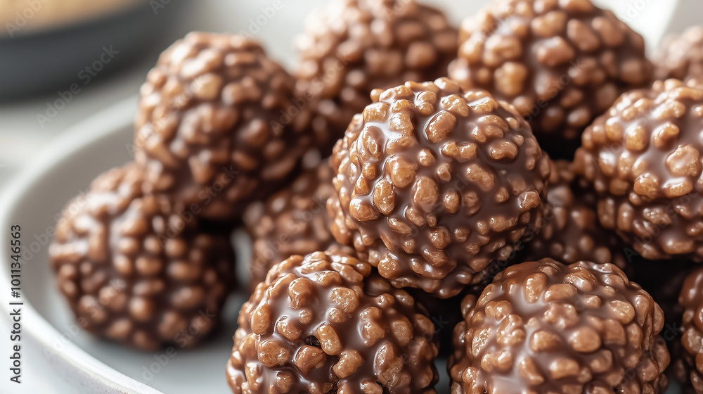 Chocolate candies with puffed rice on a white background. Each candy is ...