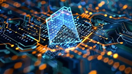 Poster - digital padlock is appearing over a circuit board with data flowing through it, symbolizing cybersec