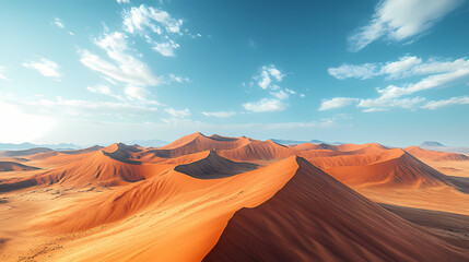 An aerial view of the Sahara desert at sunset. A panorama of desert landscape.