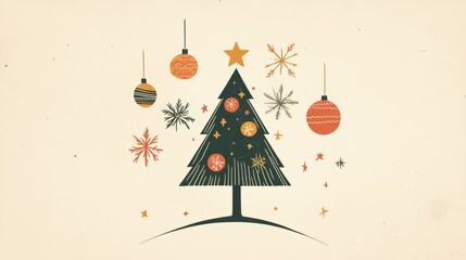 Poster - A clean, retro-inspired Christmas card with a minimal tree, subtle decorations, and a warm greeting in classic, understated typography.