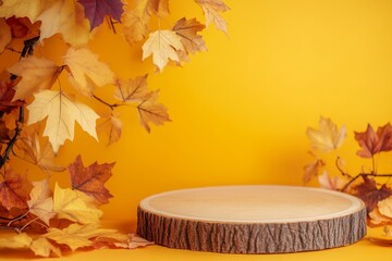 Poster - Empty wooden podium on orange background with autumn leaves Concept scene for promoting sales and presenting cosmetics