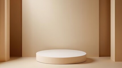 Minimalist 3D Frosted Round Stage on a Desk with Bright Natural Light and Beige-White Tones. Full-Screen Modern Design, Simple and Exquisite Space with Light and Open Surroundings for Elegant Display 