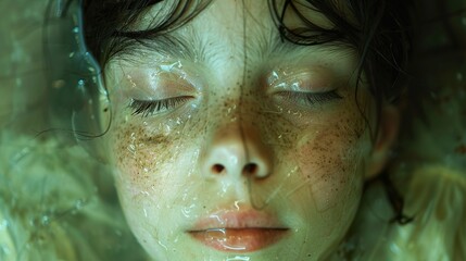 Sticker - Close-Up Portrait of a Young Woman Submerged in Water