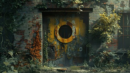 Poster - Overgrown Abandoned Building with Rusty Door