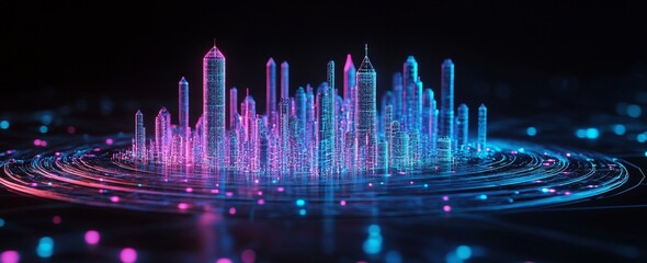 Poster - Metaverse digital city background. Neon cyberpunk future.